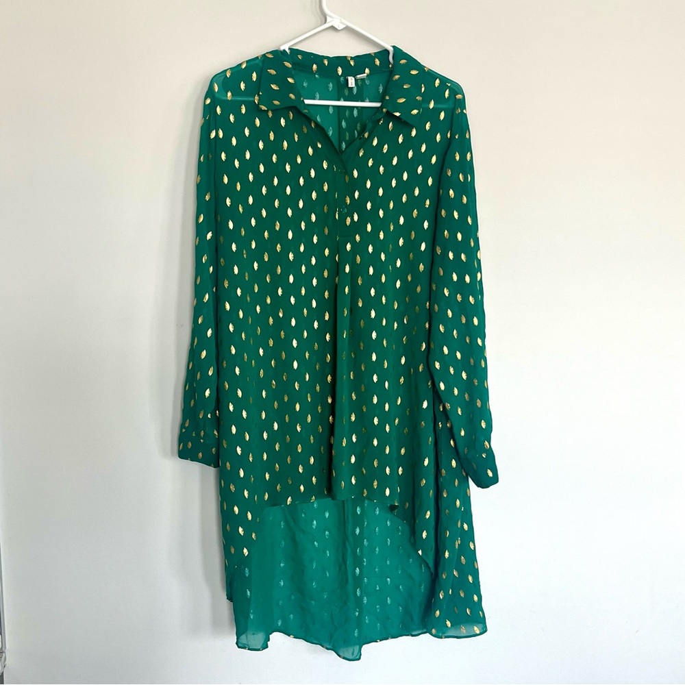 Cato Emerald Green and Gold Sheer High-Low Blouse